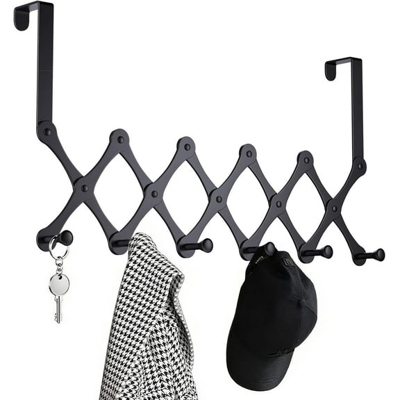 MetalM - Expands Over The Door Hook Rack, Heavy Duty No Drill Hooks for Bathroom, Bedroom, Kitchen, Closet - Over The Door Hanger for Towels, Robes, Bags, Coats(Black)