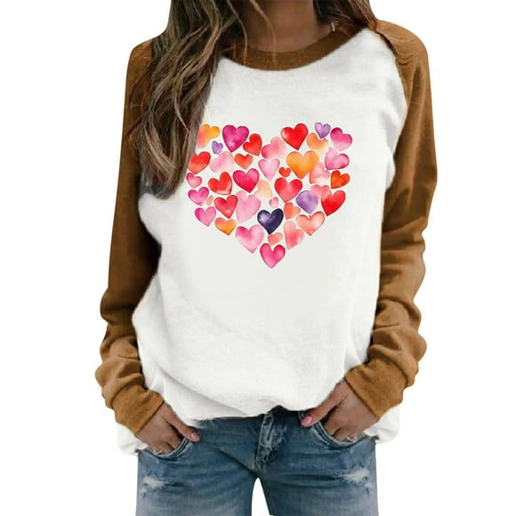 Juebong Womens Heart Graphic Print Sweatshirts Long Sleeve Crew Neck Spring Fall Pullover Valentines Day Shirts Lightweight Holiday Jumper Tops