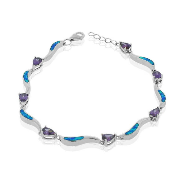 925 Sterling Silver Simulated Blue Opal Purple Amethyst-Tone Pear-Shape CZ Tennis Bracelet, 7"