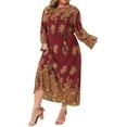 thumbnail image 2 of DARING DIVA Plus Size Boho Crew Neck Long Sleeve Belt Flowy Maxi Dress 1X Burgundy, 2 of 7