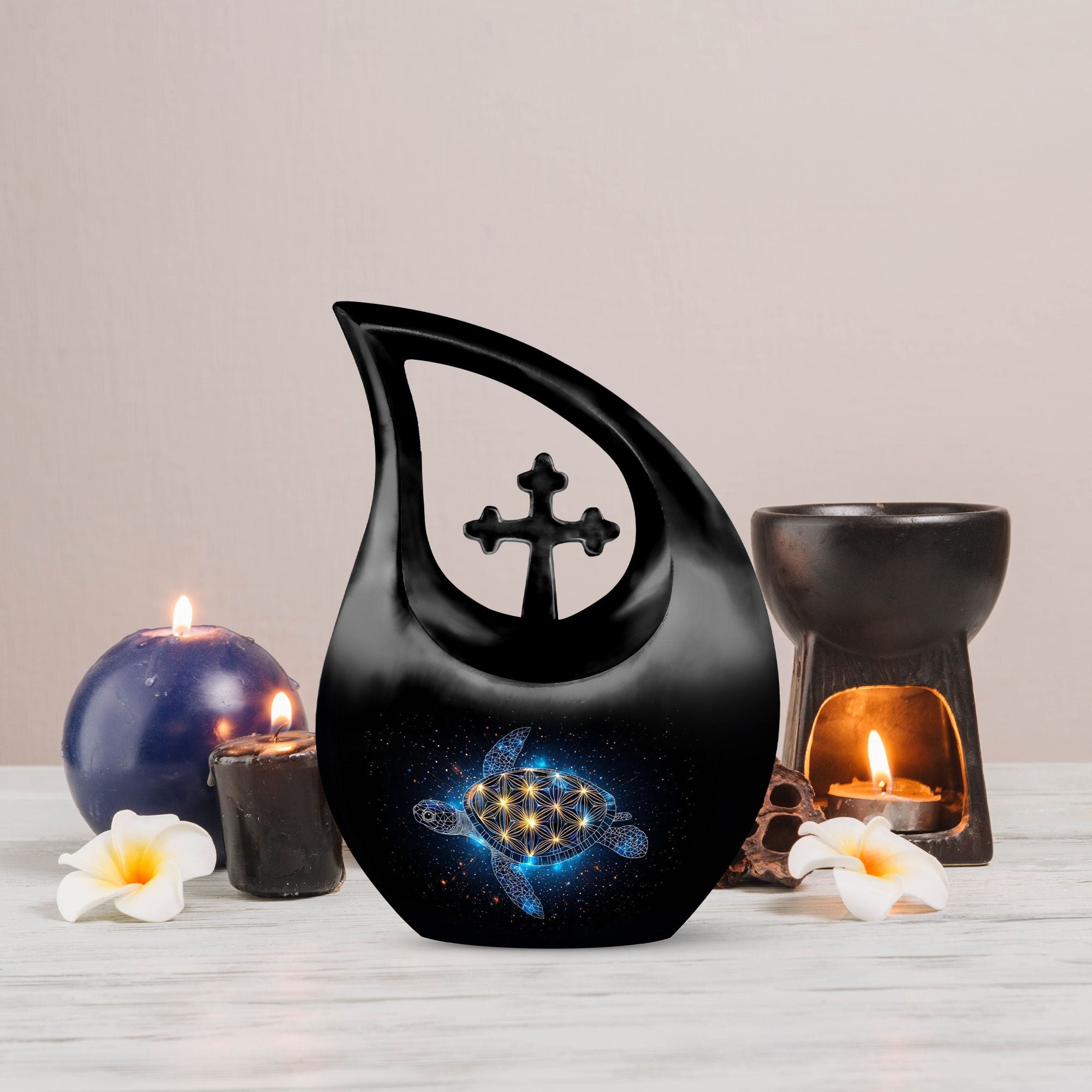 MUKTIVE Tortoise Cremation Urns for Human Ashes Large - Cross Drop Burial & Funeral Urn for Ashes for Men - Remembrance Gift for Loss - Memorials & Funerary Cremains Holders, 10 Inches