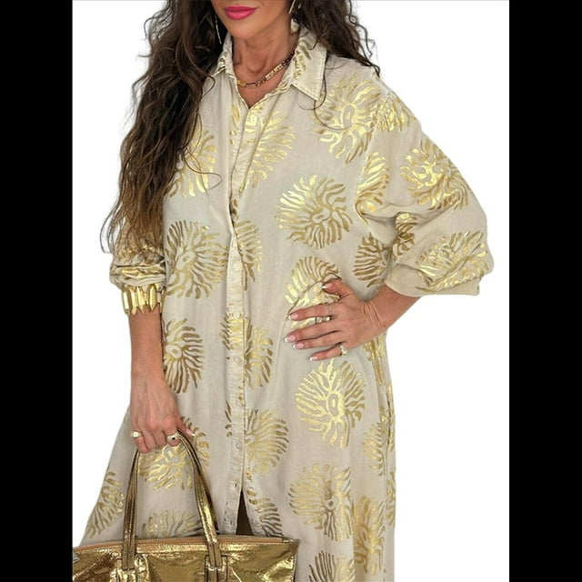 Vestido Bohemio con Estampado Floral para Mujer, Escote en V Profundo, Abertura Lateral, Corta, Corte A, Holgado Albaricoque L