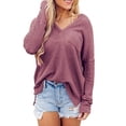 thumbnail image 2 of Tops de otoño para mujer, camisas de manga larga con cuello en V, informales, con abertura, Top holgado de talla grande con bolsillo en el pecho, rojo vino M, 2 of 5