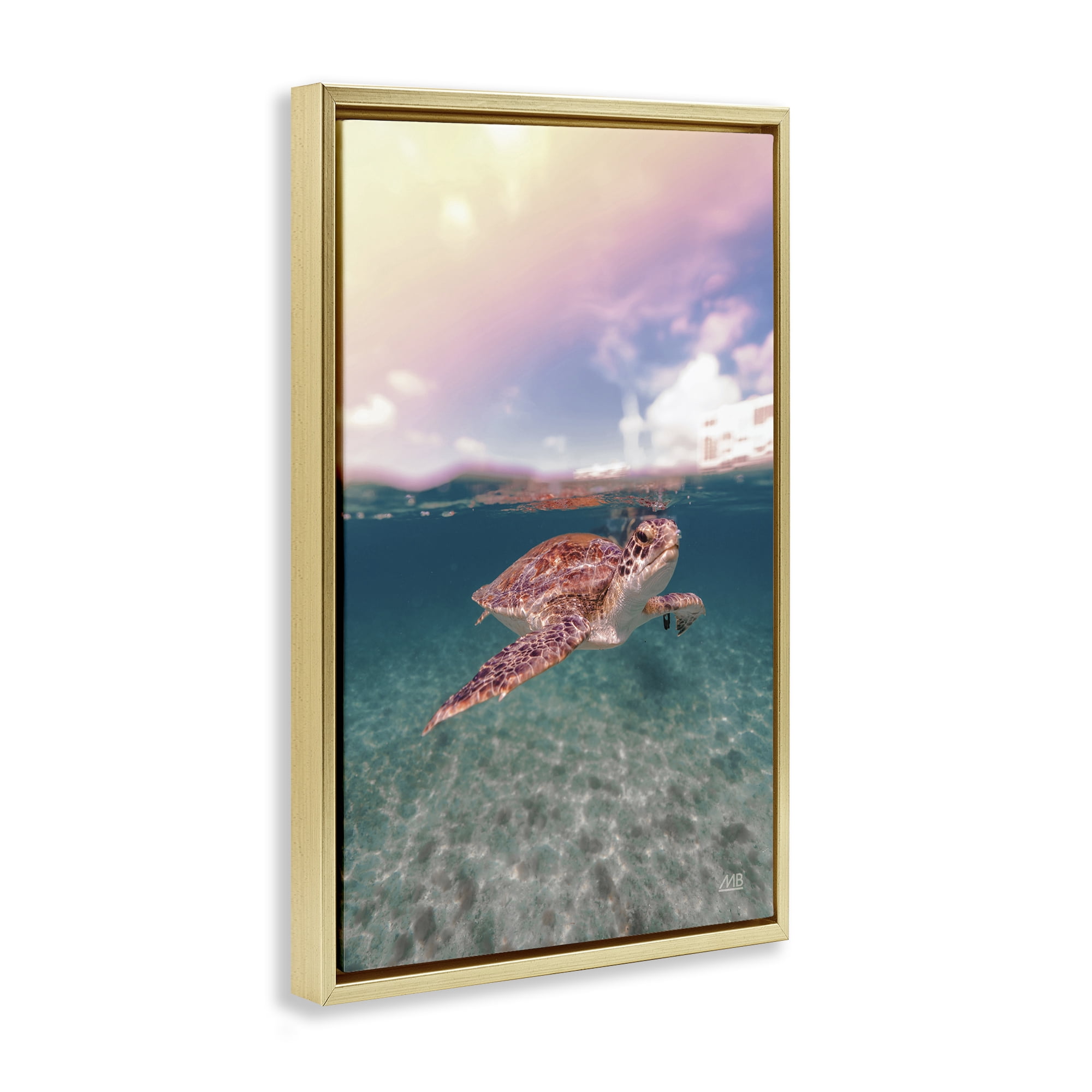 Stupell Industries Above & Below Sea Turtle Animals Photography Gold Floater Framed Canvas Art Print Wall Art, 21 x 31