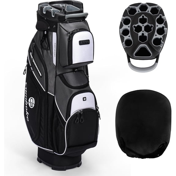 Silent Golf Cart Bag, Molded Lock Top Bag with 14-Way Full-Length Dividers Large Capacity Cooler Pocket Padded Strap Golf Club Bag with Rain Hood for Trolley Players,Grey