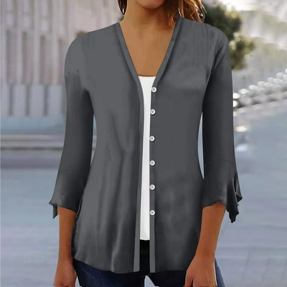Women Fashion Tops Sawvnm Fashion Women Summer 3/4 Sleeve Cardigan Solid Color Casual Blouse Tops Christmas Gifts Dark Gray M