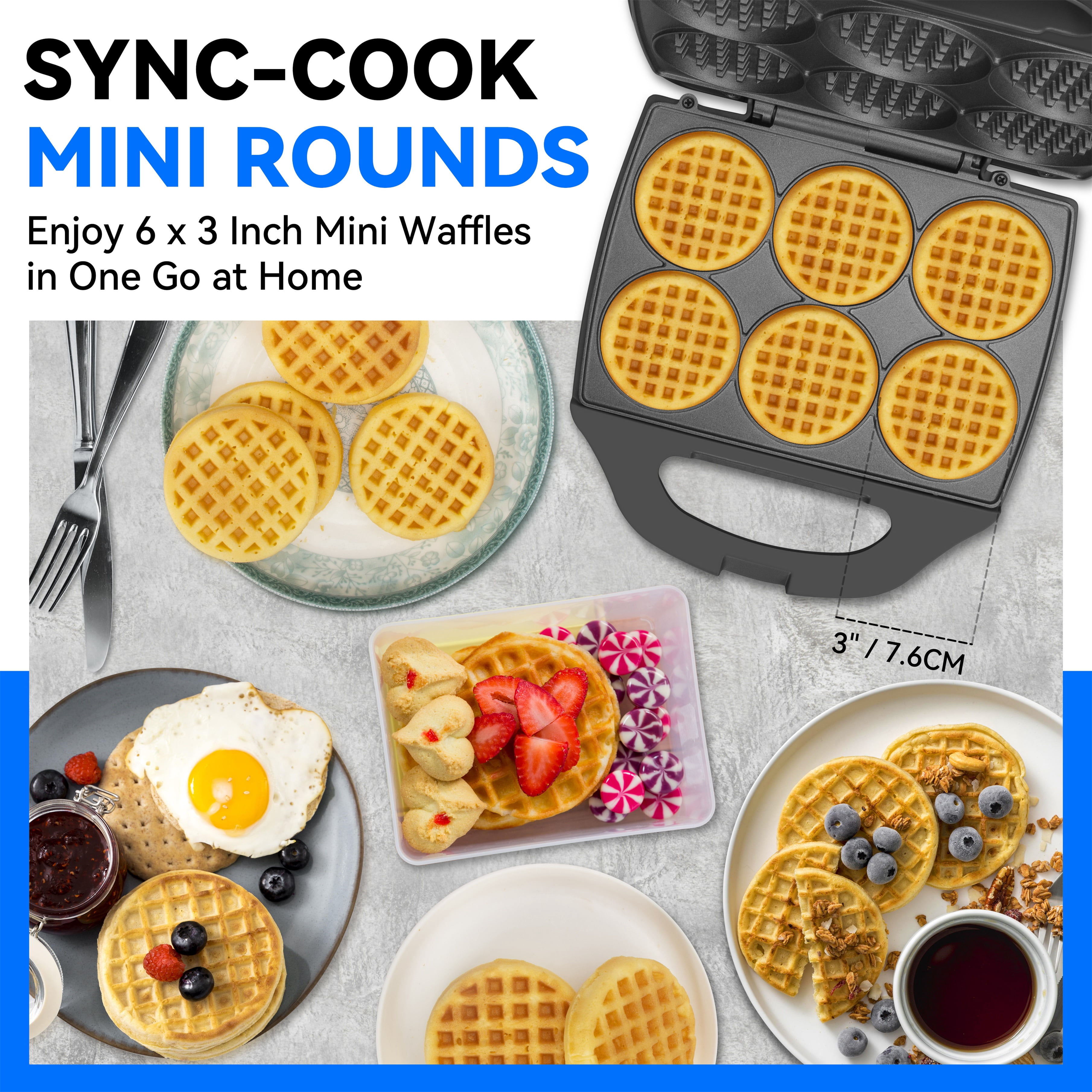 Mailand 6 x 3'' Multi Mini Waffle Maker Machine, Small Waffle Iron, Perfect for Families and Individuals Use, Non-Stick, 900W, Black