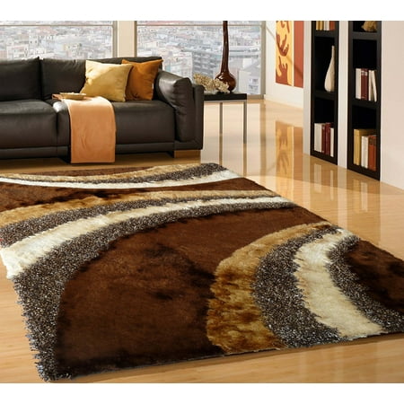 Rug Size 5'x7' Shaggy Rug In Beige and Brown with Cotton Backing. 100% Polyester with Two type of Yarns, Appx. Two Inch Pile Height Thickness (Best Type Of Rug For Kitchen)