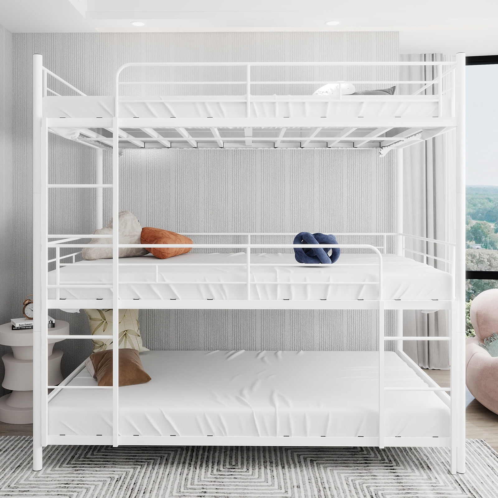 Alvantor Triple Bunk Bed Twin Over Twin Over Twin 3-in-1 Metal Bed Frame for Kids Teens with Ladders and Safety Guardrails White