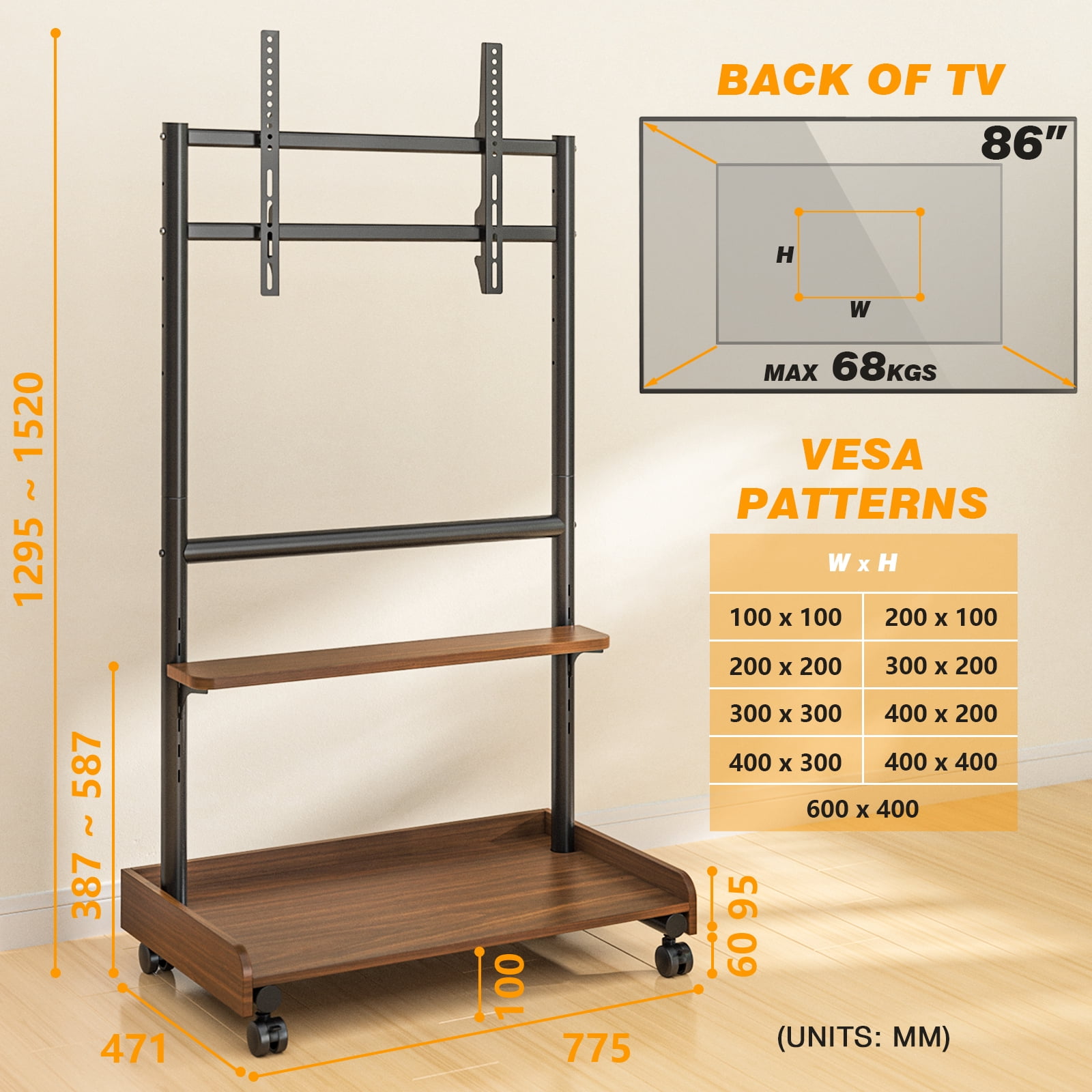 RTVR Rolling TV Stand with Wheels for 40-86 inch Screens, Height Adjustable Mobile TV Stand with Wooden Storage Shelf, Holds up to 150 lbs, Brown