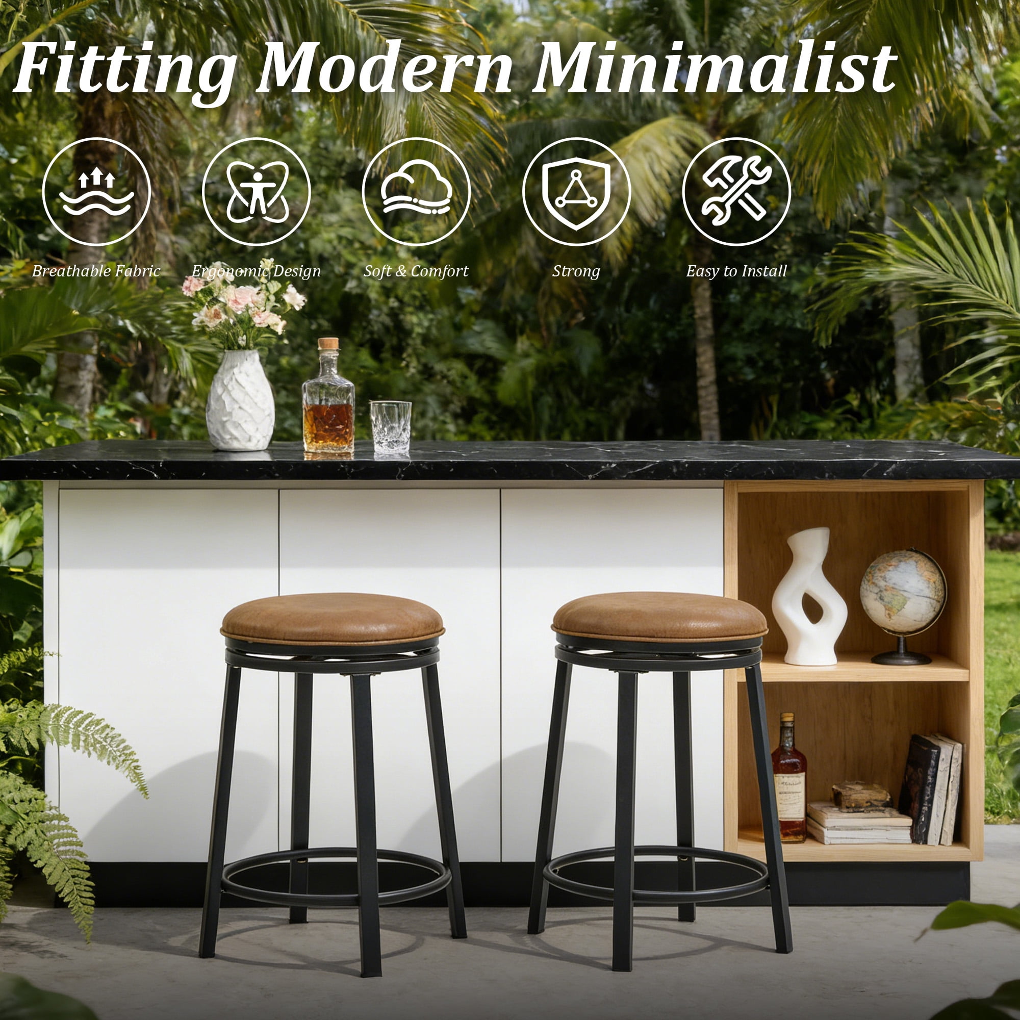 MOONMISS 360° Degree Swivel Bar Stool - Counter Height Metal Frame Stool for Kitchen Island, Home Bar &Cafe(Setof 2),Brown