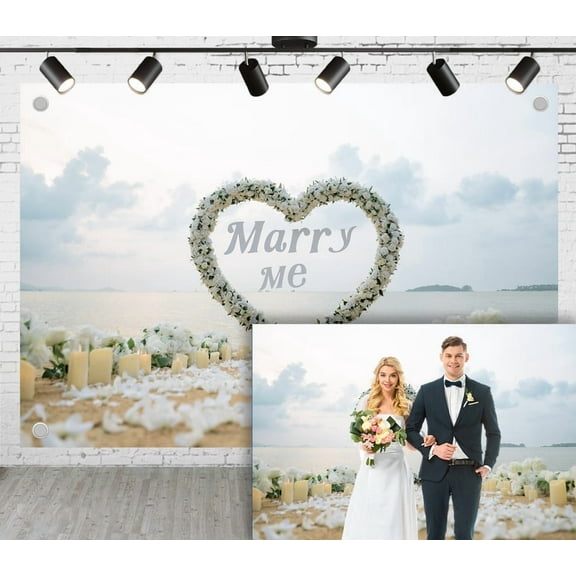 7x5ft Seaside Wedding Photoshoot Backdrop White Floral Heart Arch with "Marry Me" Embedded in and Candlelight Petals Ceremony Party Engagement Proposal Background Photography Studio Props
