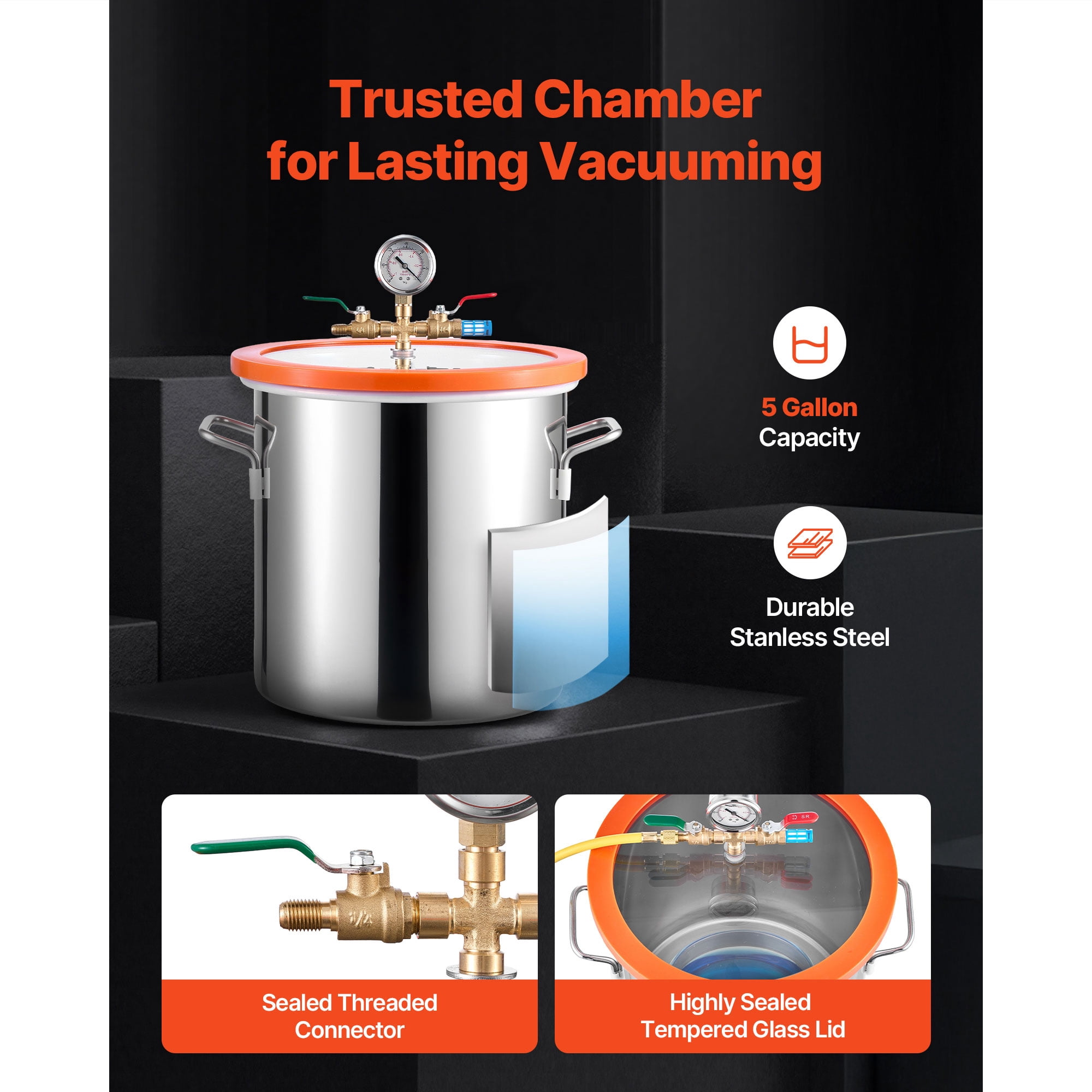 KFFKFF 5 Gallon Vacuum Chamber Kit with Pump, 3.5 CFM Single Stage Vacuum Pump, Stainless Steel Chamber with Tempered Glass Lid, 5 ft Hose, Ideal for Wood Stabilization and Silicone Resin Degassing
