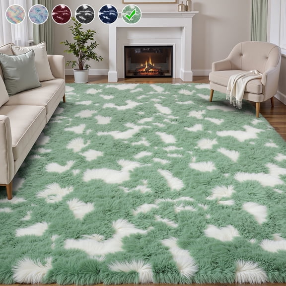 Lalado 5ft x 8ft Shag Area Rug, Soft Fluffy Indoor Tie-Dye Area Rugs for Living Room Bedroom Decor Carpet, Green & White