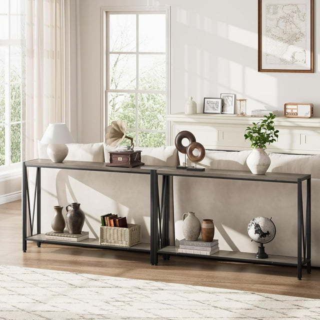 OUYAWEI 43 Inch 2-Tier Narrow Console Table,Stylish Sofa Side Table with V Design,Premium Space Saving Furniture for Entryway,Hallway and Living Room,Grey