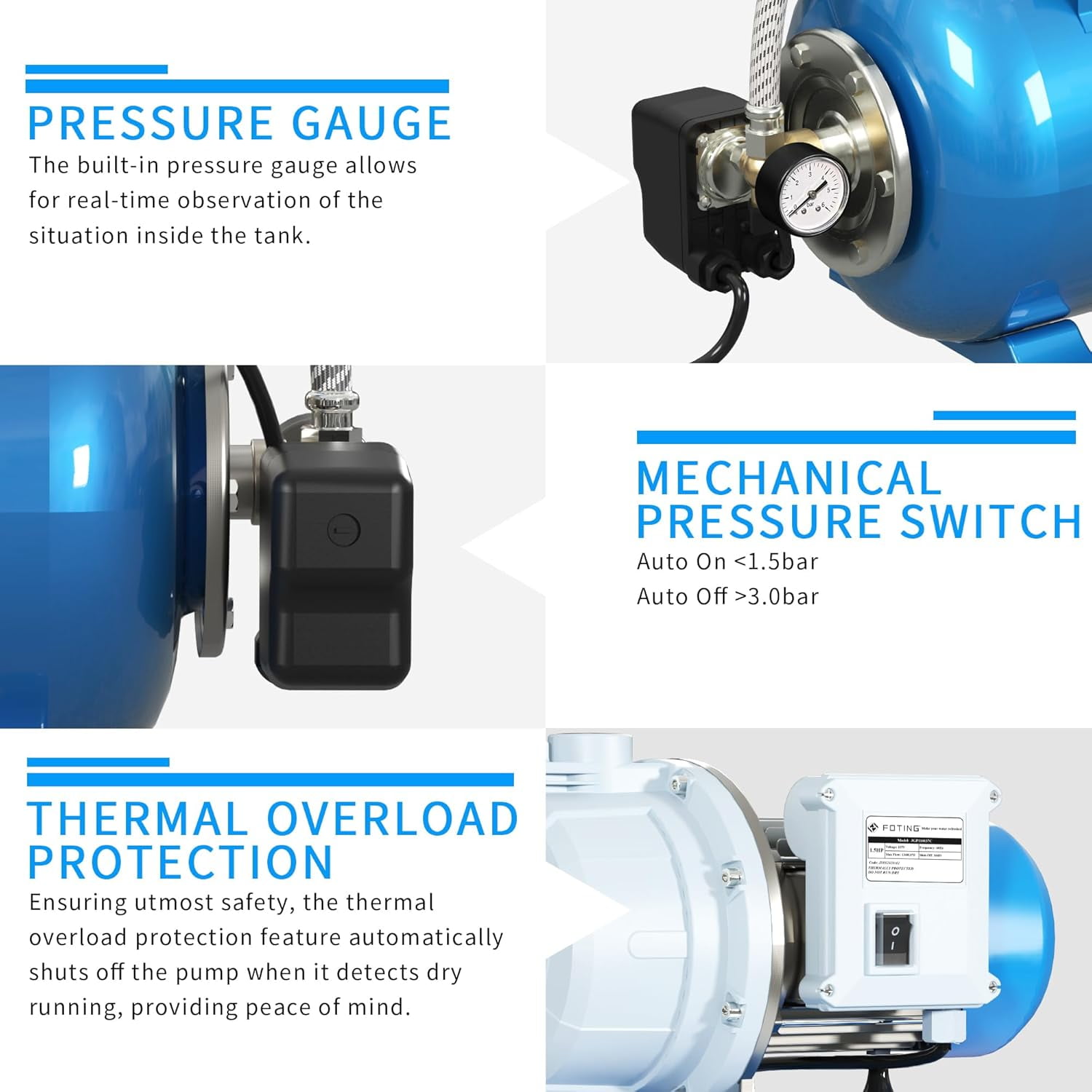 FOTING 1.5HP Shallow Well Pump 1340GPH 164ft Lift 5Gal Pressure Tank Automatic Irrigation Water Booster Jet Pump 115V Blue