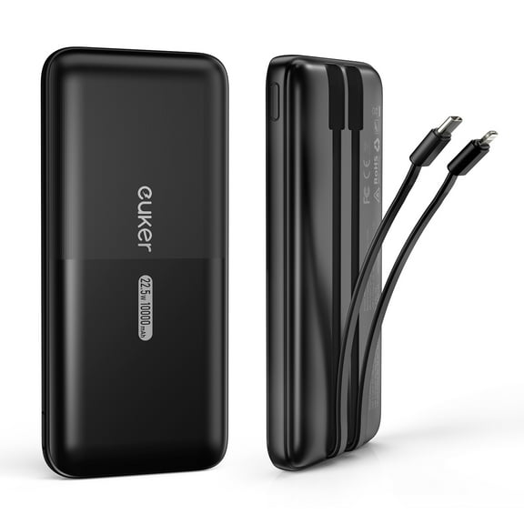 BEKAY 10000mAh Power Bank with Built in Cables,Portable Charger and Charger with Dual USB Ports ,Fast Charging for iPhone Android-Black