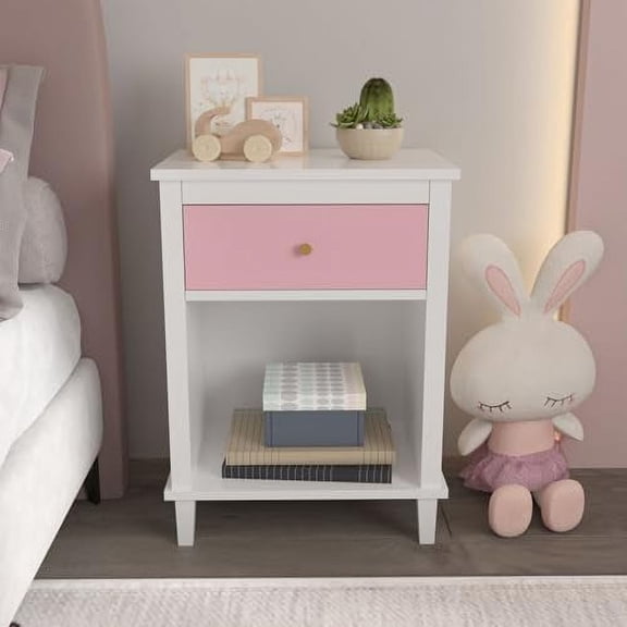 White Nightstand, Kids Bedside Table with Drawers & Open Wood Shelf, Modern Small Bedside Table with Solid Wood Legs, End Table for Living Room, Bedroom, Small Spaces, Easy Assembl