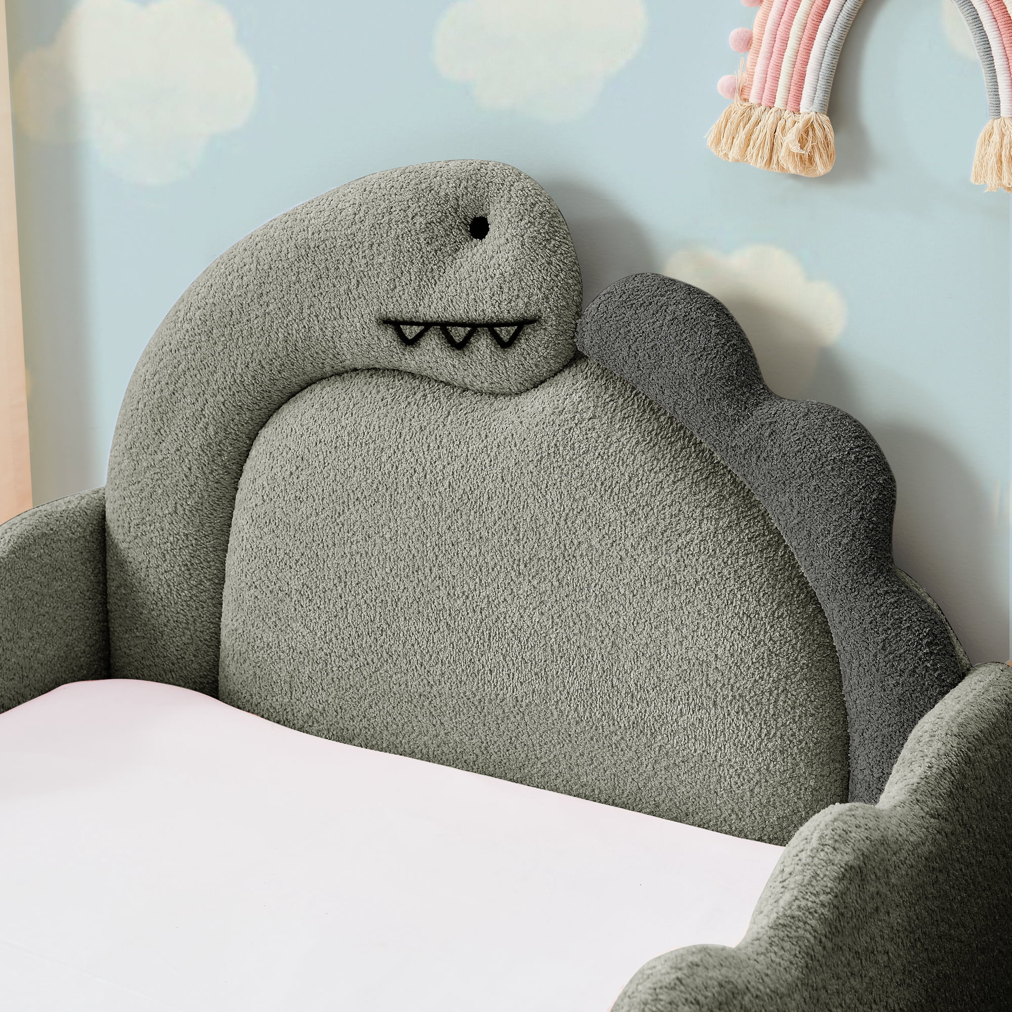 T-Joy Cute Dinosaur-Shaped Kids Bed with Safety Guardraild, Boucle Wooden Toddler Bed, Twin Size, Grey