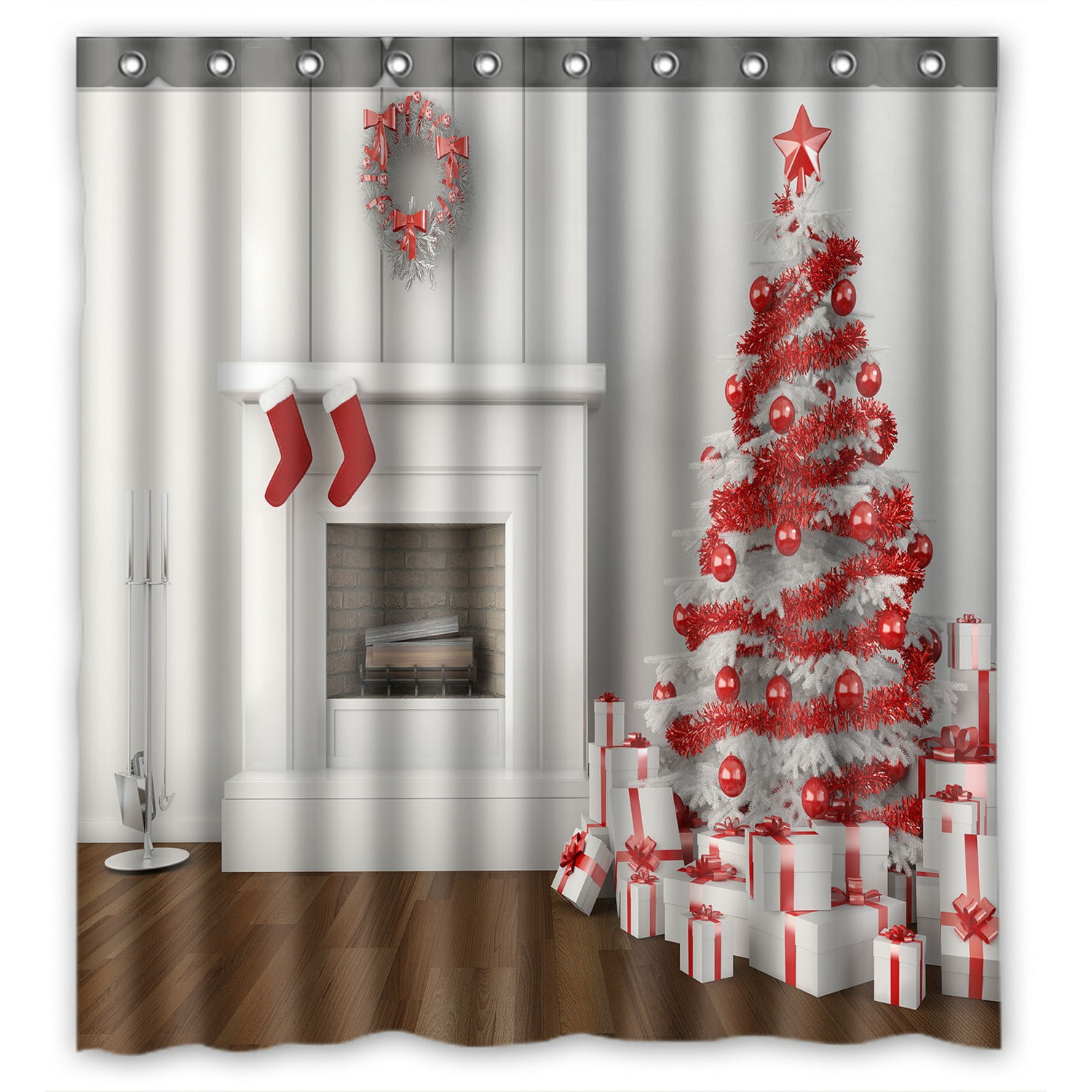 ECZJNT Fireplace Christmas Tree Shower Curtain And Hooks For Home Decor