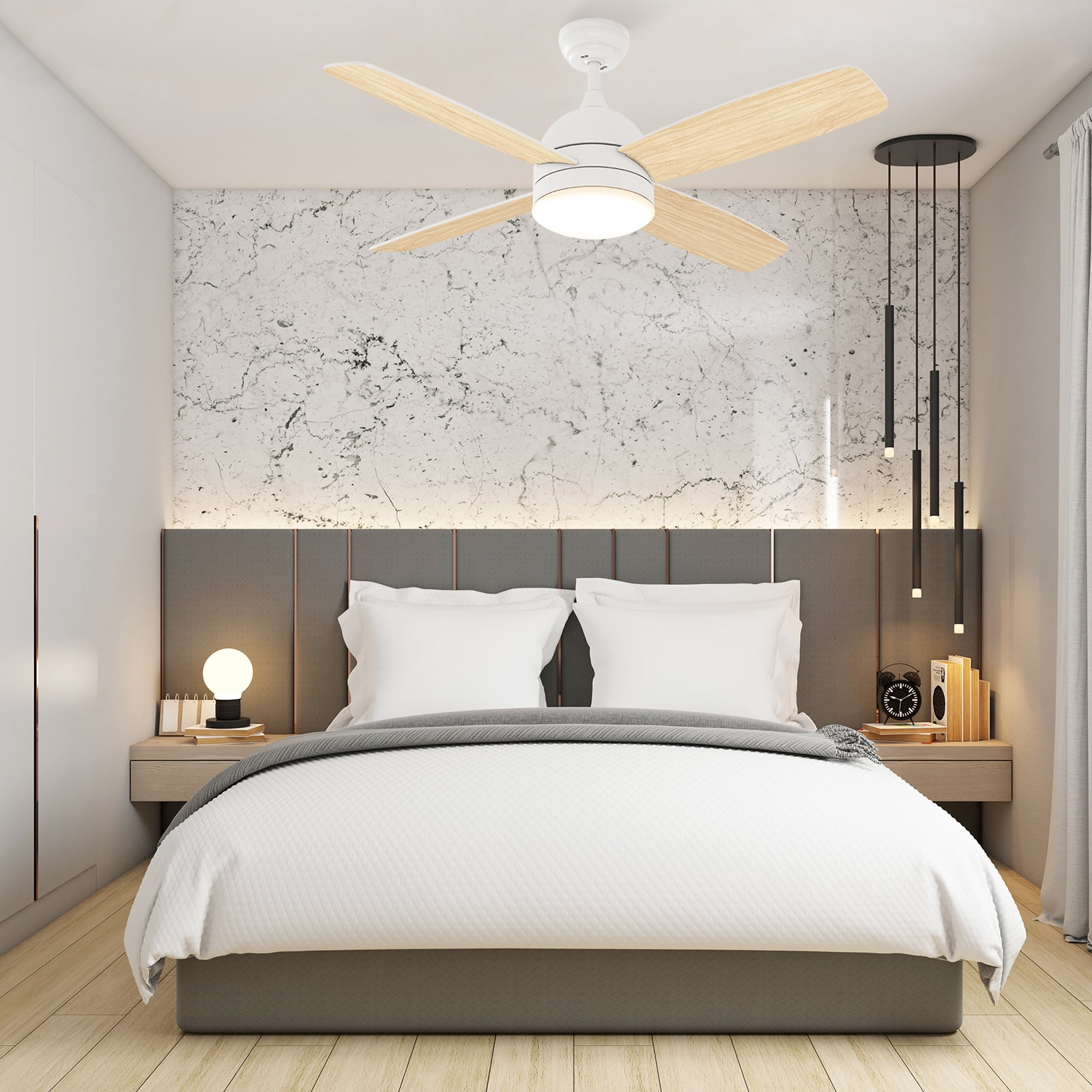 Warmiplanet 48" 4-Blade Matte White Ceiling Fan - 3 Speeds, Dimmable Brightness, Remote Control, Dual-Color Blades,