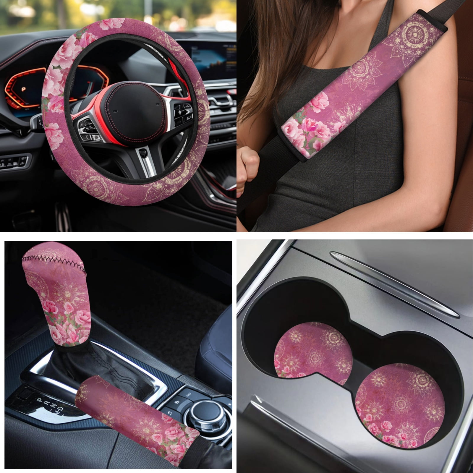 Yuyamidu Boho Flower Auto Seat Cover Set of 15 Pink Rose Car Floor Mats Steering Wheel Cover Seatbelt Pad Cup Holders Handbrake Cover Set for SUV Van Truck