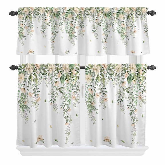 3 Piece Kitchen Curtains and Valances Set Green Eucalyptus Leaves Cafe Curtains 24 Inch Length Spring Floral Weeping Farmhouse Valance & Tier Curtain for Living Room Bedroom Window 54"x18" 27"x24"*2