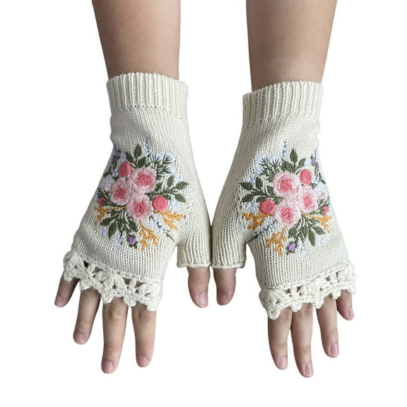 Xfvqtps Fingerless Gloves for Womens Thumb Hole Wrist Knitting Crochet Flower Embroidery Hollow Out Lace Fashion Thermal Warm Winter Mittens White