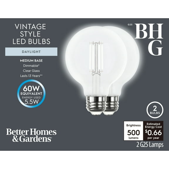 Better Homes & Gardens LED Vintage Style Light Bulb, G25 60W Day Light Classic Filament, Medium Base, Dimmable, 2 pack CA