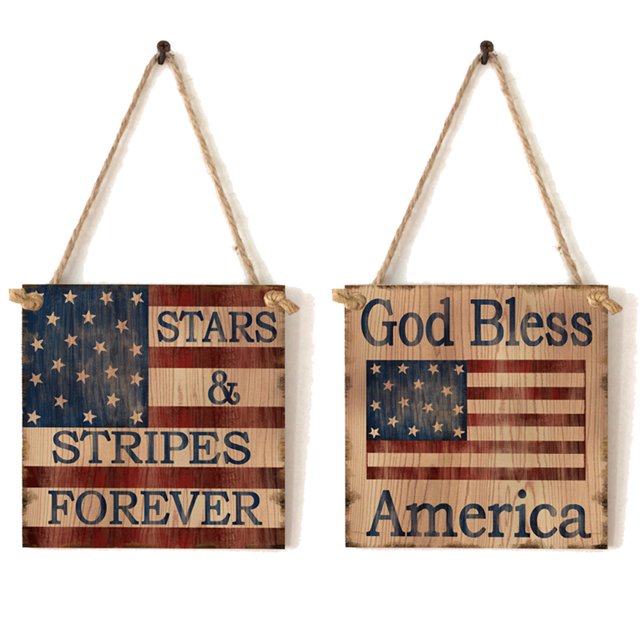 Letrero colgante para puerta del 4 de julio, decoración del día de la independencia, placa de madera rústica americana con cuerda, bandera de madera para puerta delantera, porche, pared, ventana,