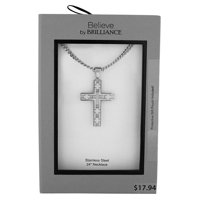 Believe by Brilliance Men s Stainless Steel Cubic Zirconia Cross Pendant Necklace Chain