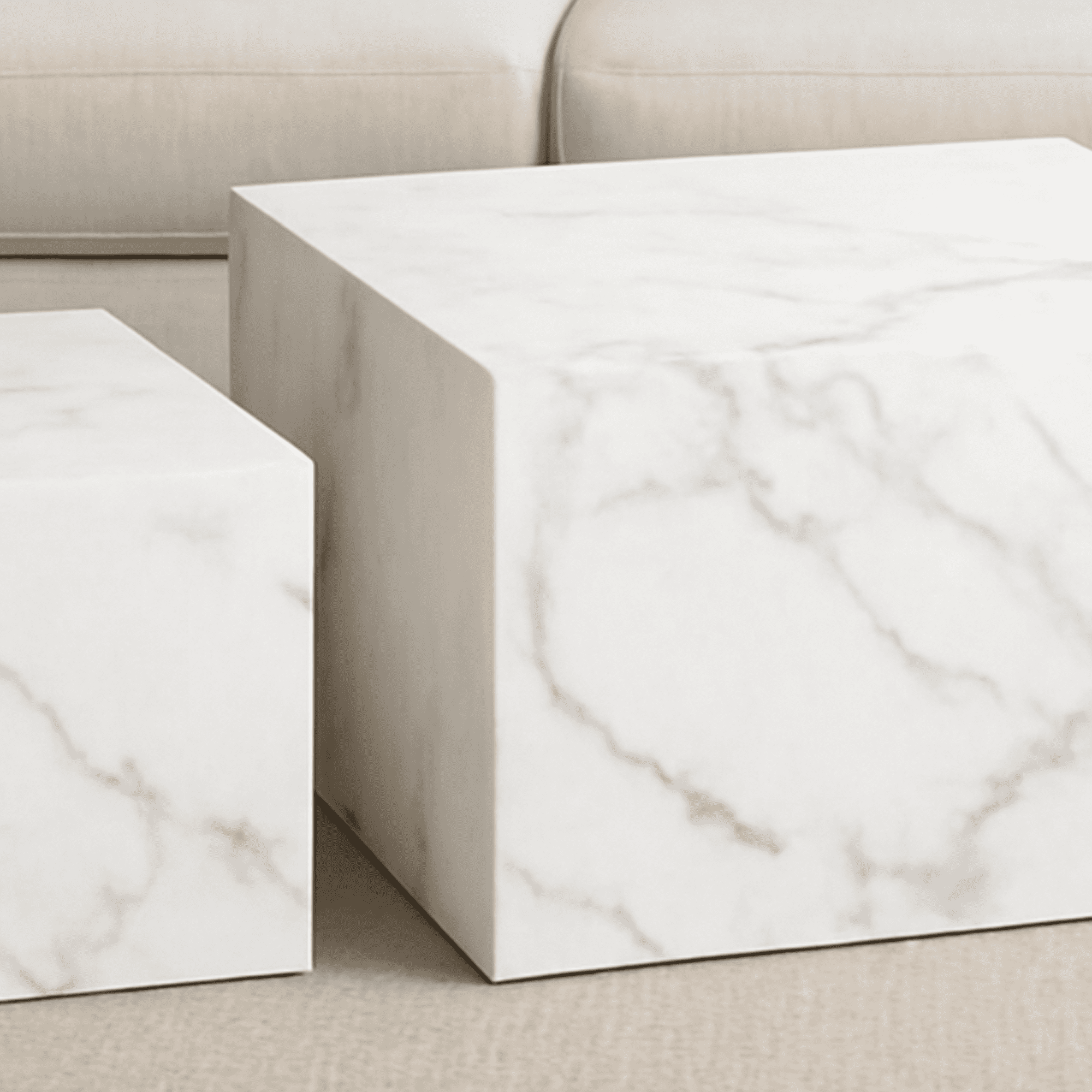 Caffoz Square Faux Marble Coffee Table Set of 2, Nesting Design, Pre-Assembled Living Room Accent Tables,Marble White