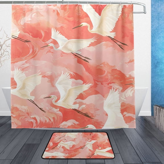 BZSMCE Shower Curtain and Bath Accessory Set,Cranes on Coral Pattern