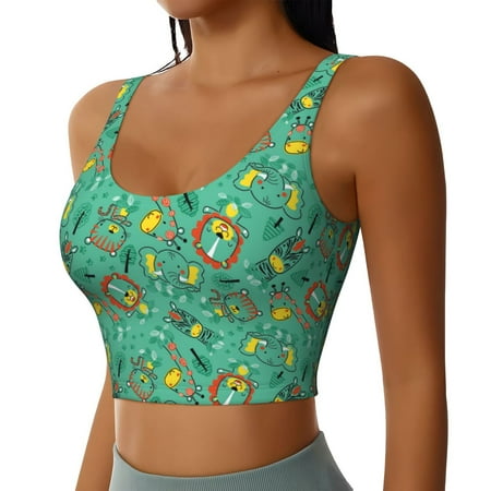 Haiem Funny Animals in Jungle Pattern Womens Sports Bra - U Neck Padded Low Impact Yoga Bra Workout Crop Top Gym Moisture-Wicking Workout Vest -Small