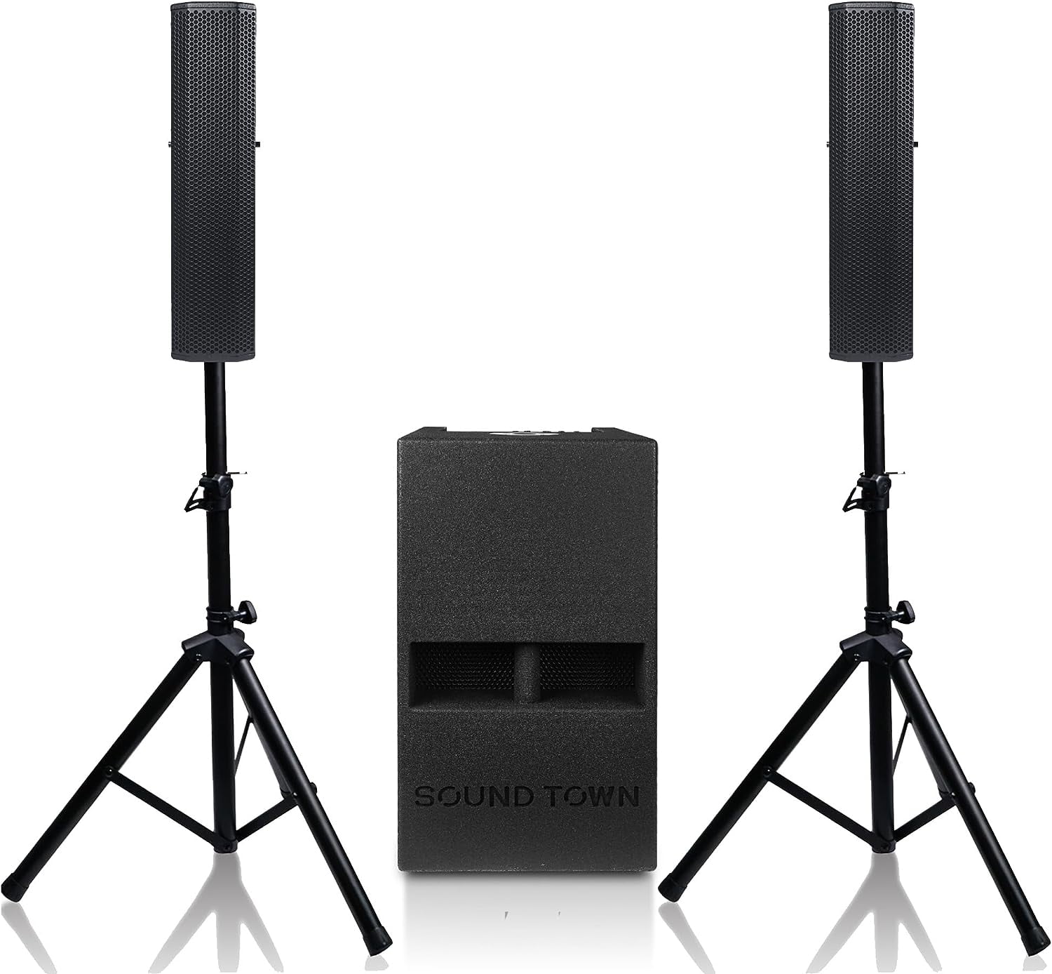 Sound Town Subwoofer and Line Array Column Speaker System, with Two 500W Passive Column Speakers and One 12 1400W Powered Subwoofer with Built-in Mixer, Black (CARPO-M12V5)