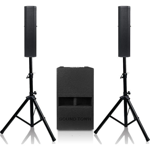 Sound Town Subwoofer and Line Array Column Speaker System, with Two 500W Passive Column Speakers and One 12” 1400W Powered Subwoofer with Built-in Mixer, Black (CARPO-M12V5)