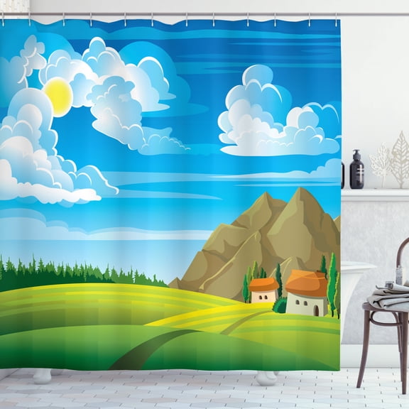 Cloud Shower Curtain, Green Landscape with Trees Houses and Mountains under a Blue Summer Sky Countryside, Fabric Bathroom Set with Hooks, 69W X 75L Inches Long, Multicolor, by Ambesonne