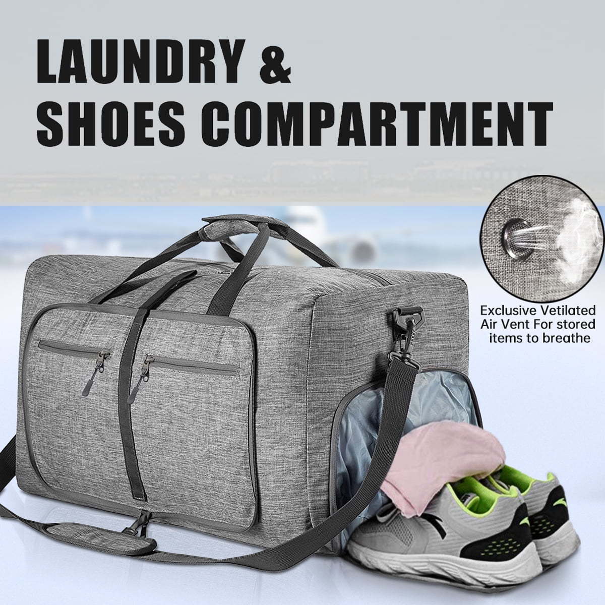XUEYU 24" Large Travel Duffle Bag for Men, 65L Foldable Travel Duffel Bag with Shoes Compartment, Overnight Bag for Men Women Waterproof, Travel Bag for Traveling Camping Touring, Gray