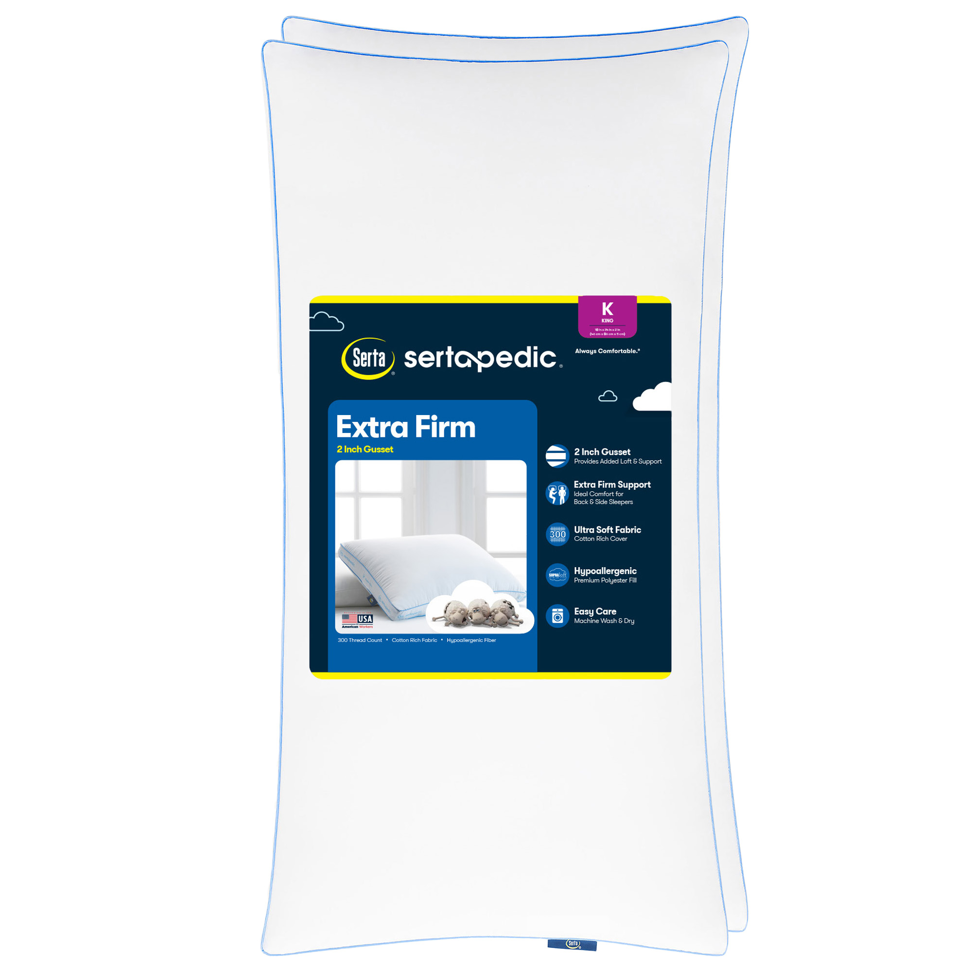 Sertapedic Extra Firm King Bed Pillow, Hypoallergenic, 2 Pack