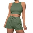 thumbnail image 3 of Htigea 2 Piece Sets for Women Casual Summer Travel Vacation Outfits Cap Sleeve Shorts Lounge Set Green,XL, 3 of 7