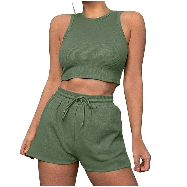 ShomPort Womens 2PC Matching Set Sleeveless Round Collar Crop Tops High Elastic Waisted Drawstring Shorts Comfort Athletic Outfits