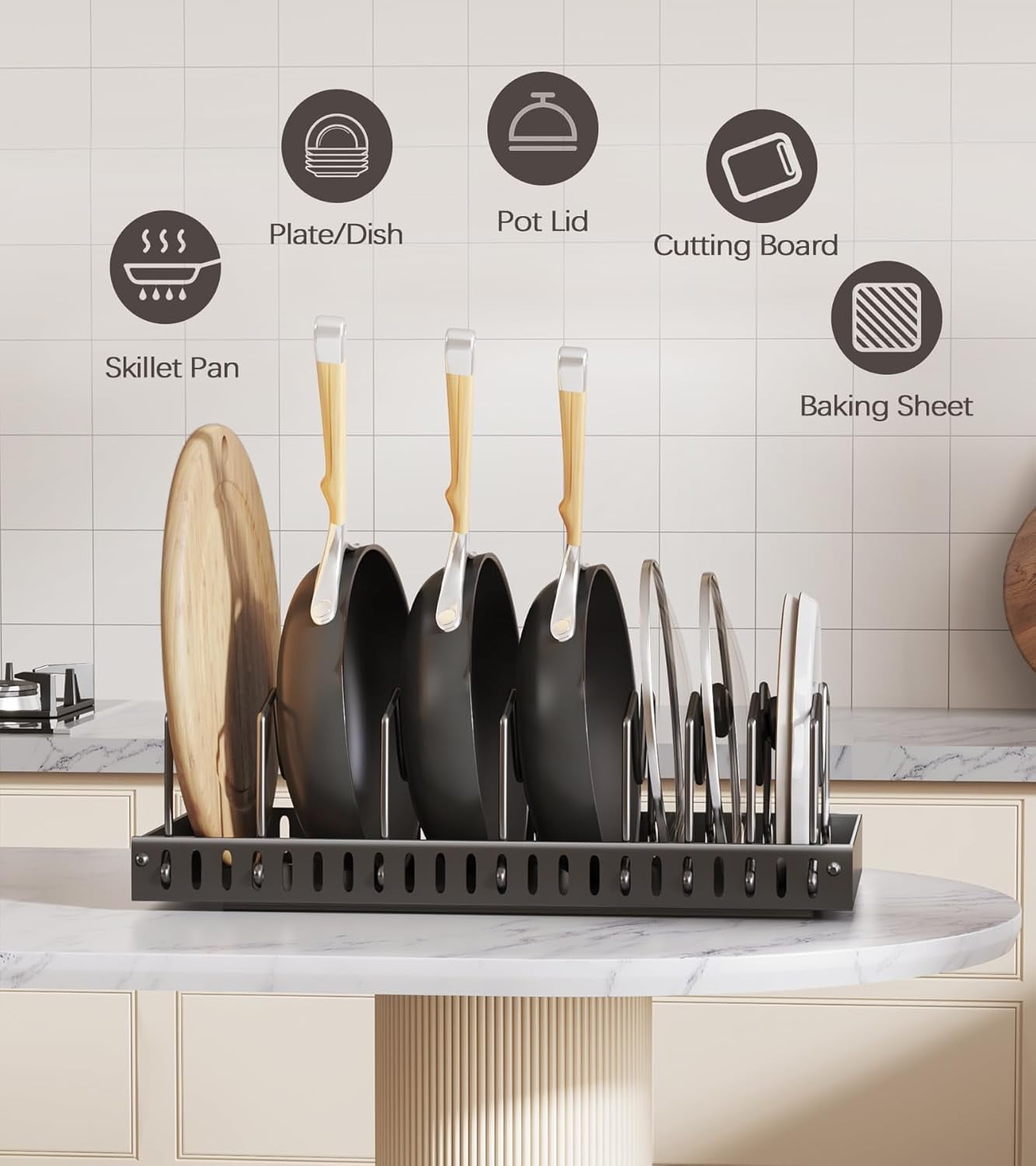 Pull-out Pots and Pans Organizer 2 Pack - Under Cabinet Pot Lid Holder for Kitchen - Bakeware & Dishes Storage Rack with Slide Rails, Black