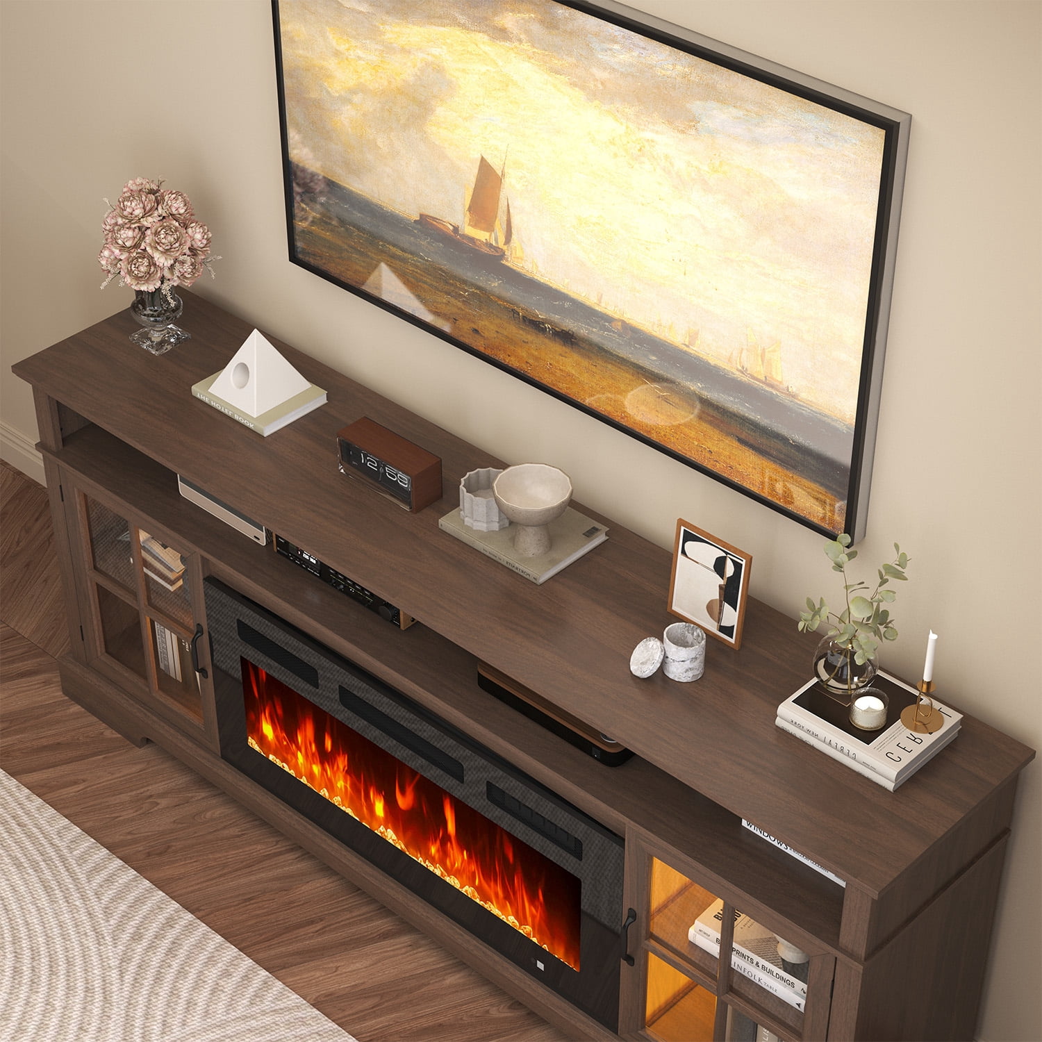 Sonegra Fireplace TV Stand, Farmhouse Entertainment Center for TVs Up to 81”, TV Console with Storage Cabinets, Media Console for Living Room, Brown