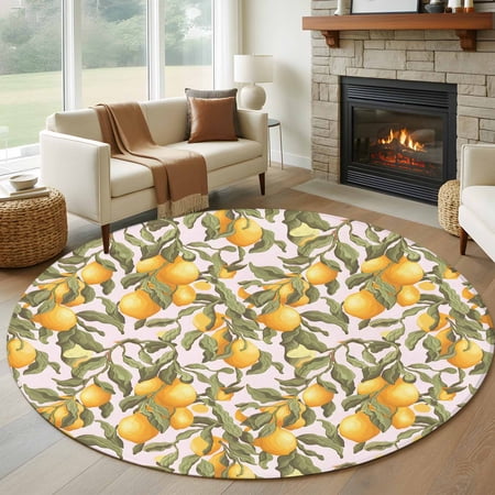 Round Rugs 5Ft Yellow Lemon Round Area Rug Washable Indoor Throw Carpet Green Leaves Fruit Branch Pastoral Farm Soft Non Slip Circle Rug for Cabinet Bathroom Home Decor Aesthetic