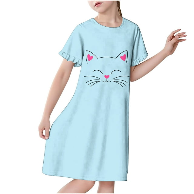 RXIRUCGD 2025 Vêtements d'Été pour Enfants 3-12 Ans Mode Imprimée Pyjama Rêveur Mi-Mollet Chemise de Nuit