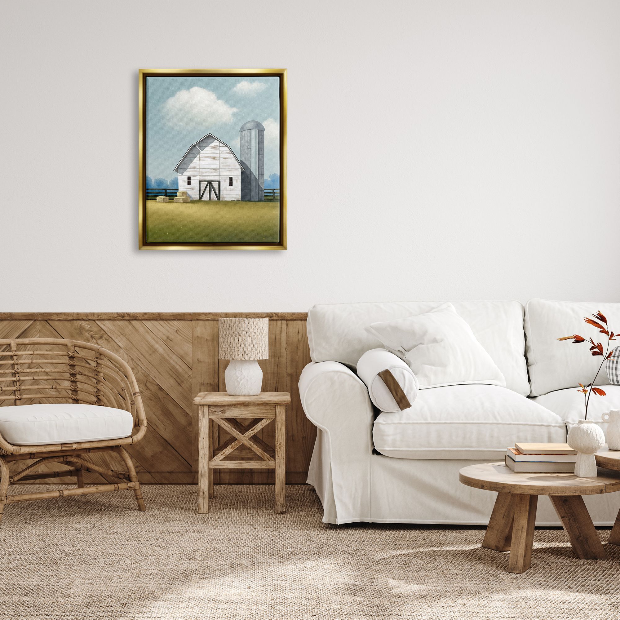 Stupell Industries White Barn with Hay Stacks Landscape Painting Gold Floater Framed Canvas Art Print Wall Art, 25 x 31