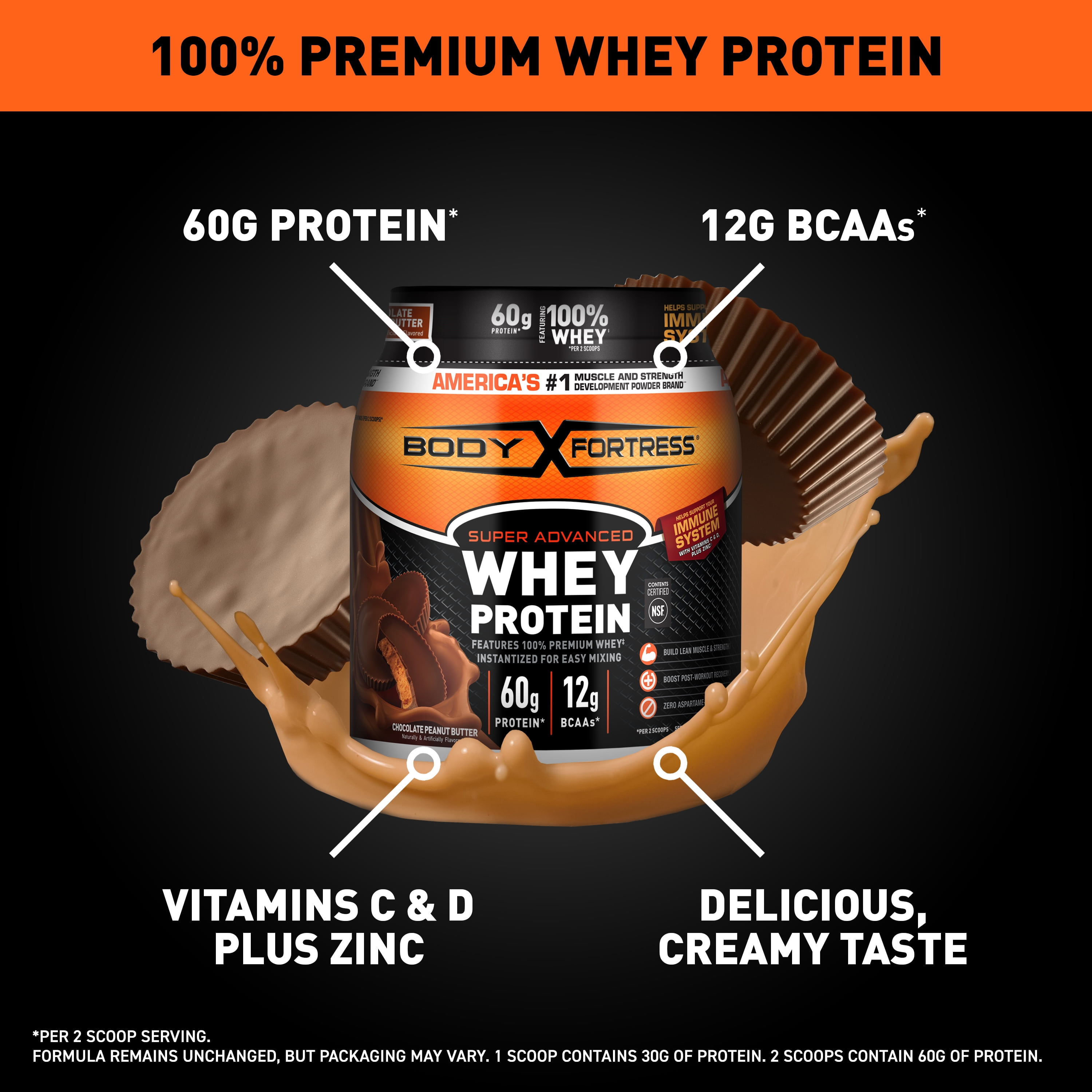 Body Fortress Super Advanced 100% Premium Whey Protein Powder, Chocolate Peanut Butter, 1.78lbs (Packaging May Vary)