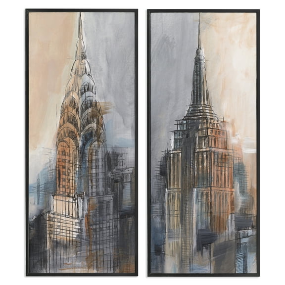 Stupell Industries City Architecture Sketches Scenic & Cityscapes Painting Black Framed Art Print Wall Art, 10 x 24, Set of 2