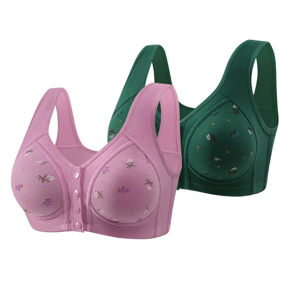 2 Pack Plus Size Front Button Push Up Bra for Old Women V Neck Front Closure Bras for Women Wireless Bras Seamless Bralettes with Wide Strap