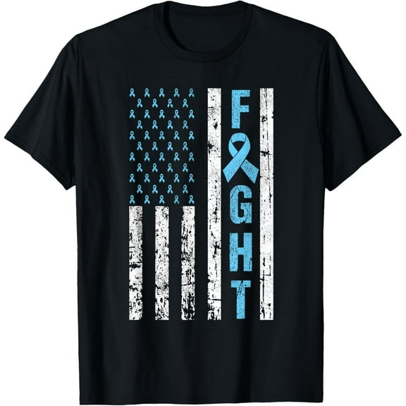 Prostate Cancer Awareness Light Blue Ribbon American Flag T-Shirt100% cotton short-sleeved shirt for both men and women
